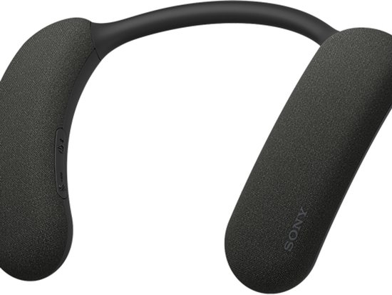 Zwarte Sony nekband speaker met stoffen bekleding, zijaanzicht.