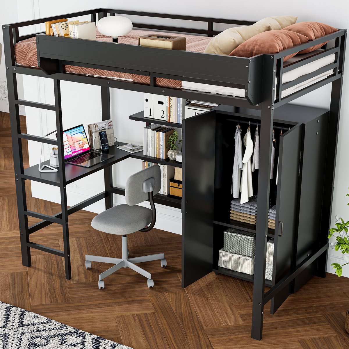 Merax Hoogslaper - 90 x 200cm - ruime opbergvakken - zonder matras - bed met kledingkast en trap - bureau - zwart
