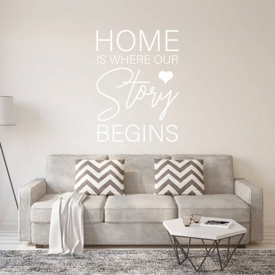 Foto: Muursticker home is where our story begins bruin 60 x 81 cm muurstickers woonkamer