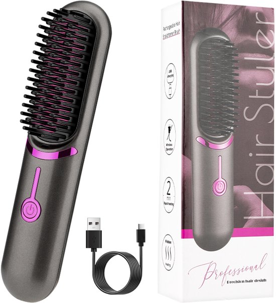 Grijze haarstyler met roze accenten en een oplaadkabel, naast de verpakking.