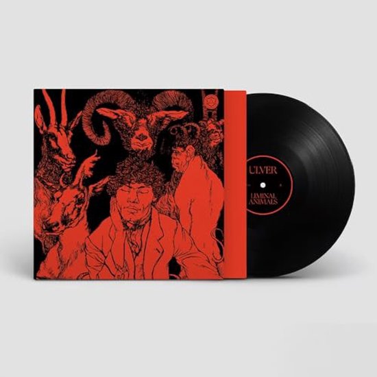 Albumhoes 'Liminal Animals' van Ulver, rood en zwart, met een portret van een man en diverse dierenkoppen.