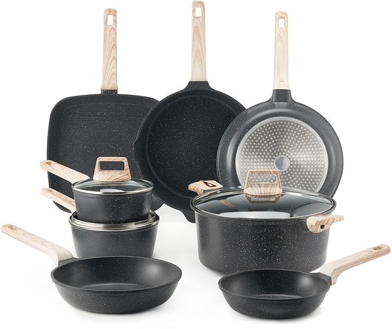 Batterie de cuisine antiadhésive en granit 19 pièces, compatible induction, avec Poêles à frire , casseroles, Couvercles en Verres trempé et Protège-poêles et casseroles, Zwart