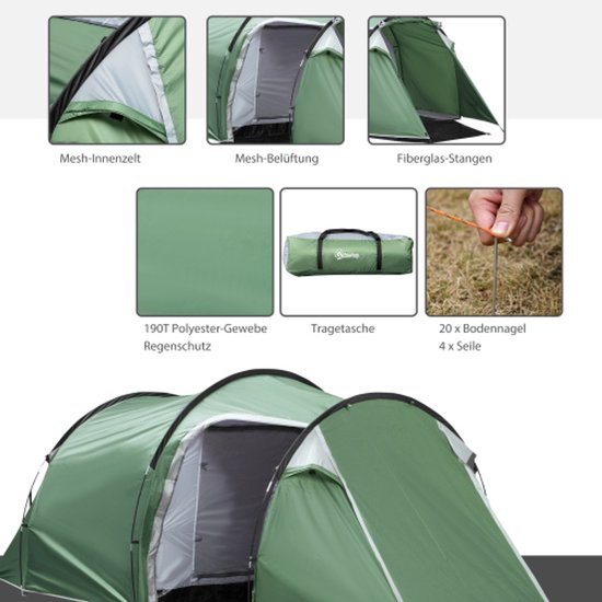 Tunneltent voor 2-3 personen, 190T kampeertent met haringen, glasvezel & polyester, donkergroen, 426x206x154cm voor buitenavonturen van Merkloos — afbeelding 2
