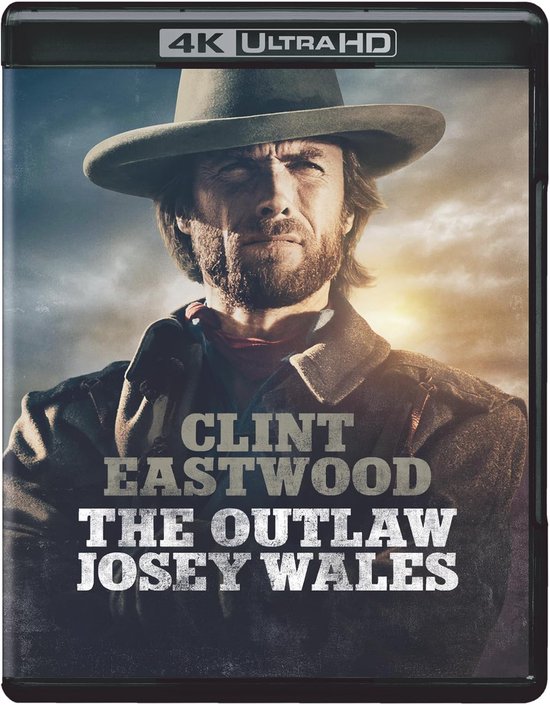 Clint Eastwood in The Outlaw Josey Wales, 4K Ultra HD Blu-ray cover met een man met hoed en baard.