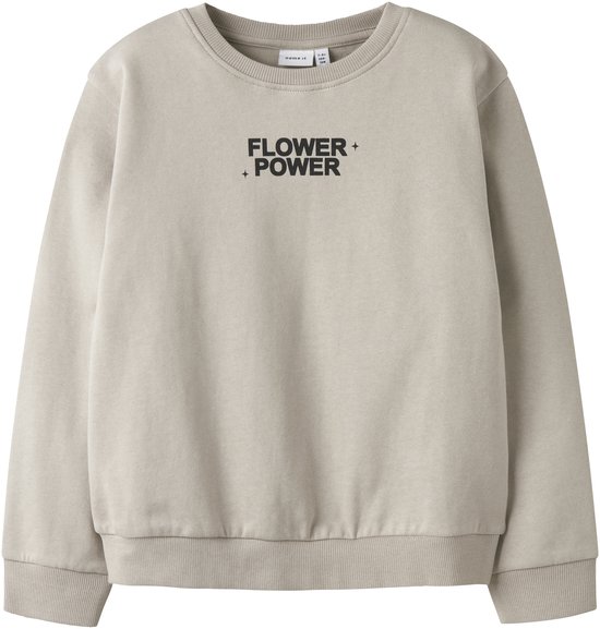 Sweat-shirt beige avec l'inscription "FLOWER + POWER" sur la poitrine.