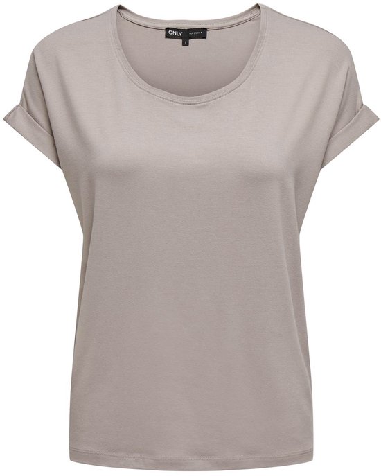 Effen lichtbruin T-shirt met ronde hals en omgeslagen korte mouwen.