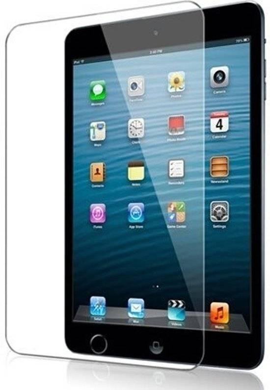 Black iPad mini met screenprotector die de apps toont.