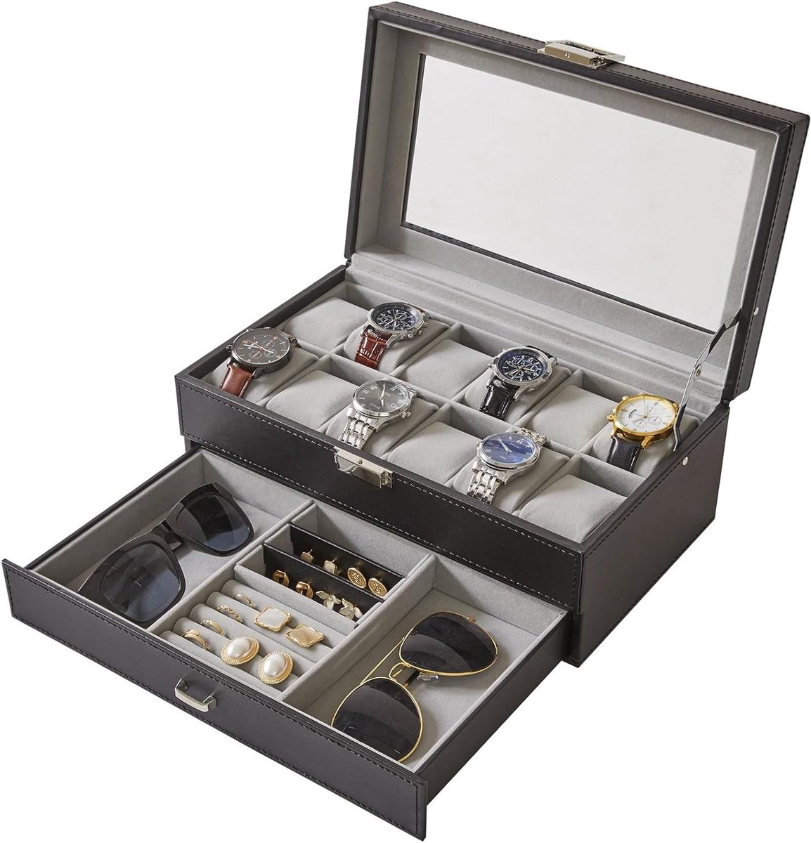 Horlogebox 12 Slots PU Lederen Horloge Case voor Mannen - Sieraden Display Lade Case met Glazen TopGladde Fluwelen Voering Zwart JWB001B