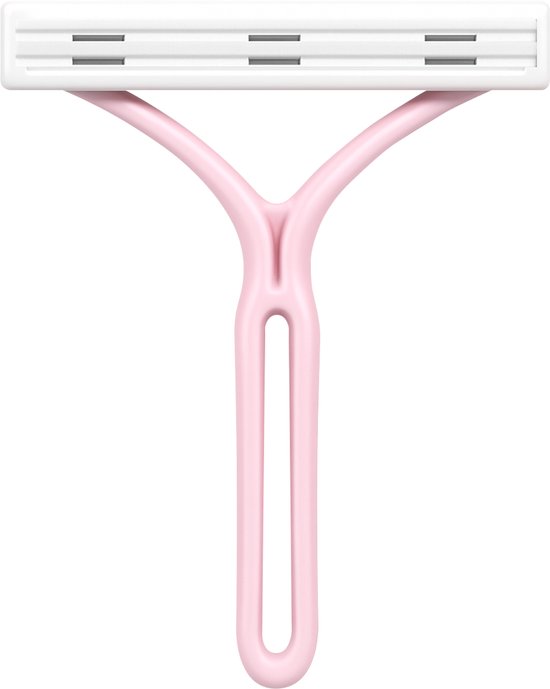 Dépilateur rose avec manche en Y et trois lames.