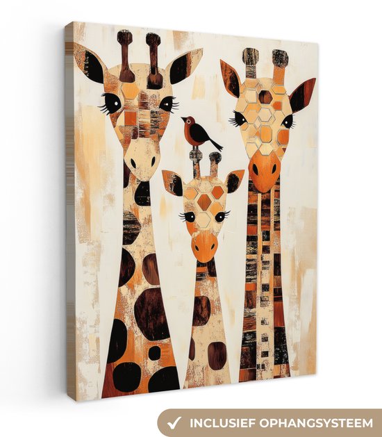 Canvas schilderij 60x80 cm - Exclusieve wanddecoratie Giraffen - Cartoon - Crème - Muurdecoratie woonkamer - Slaapkamer decoratie - Kamer accessoires - Schilderijen op canvas
