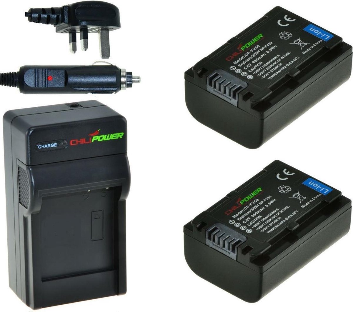 ChiliPower 2 x NP-FV50 accu's voor Sony - Charger Kit + car-charger - UK version