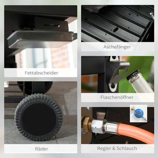 Gasbarbecue - Gasbarbecue en grill - Met slang, thermometer en warmhoudplaten - 5 Branders - Zwart + zilver van MAXXgarden — afbeelding 4