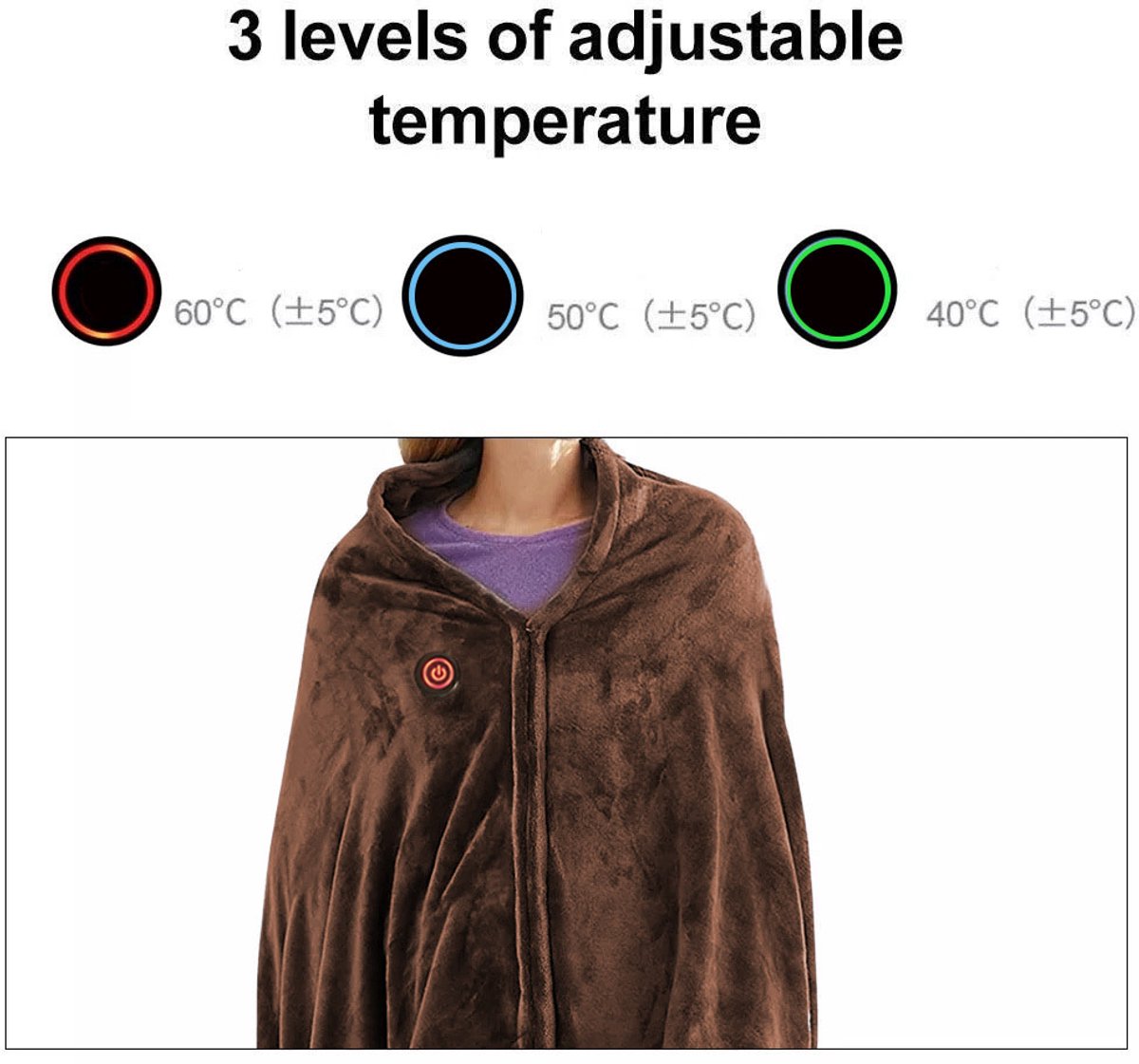 Afbeelding 3 van Multifunctionele luxe warmtedeken–Elektrische bovendeken-150 x 80 CM/860g-3Standen-Kan verwarmd worden met mobiele stroom-Oplaadbaar met USB - Met Ritssluiting Omslagdoek- Warmte Deken Elektrisch Voor Op De Bank - Cape-Warmtedeken Oplaadbaar - bruin