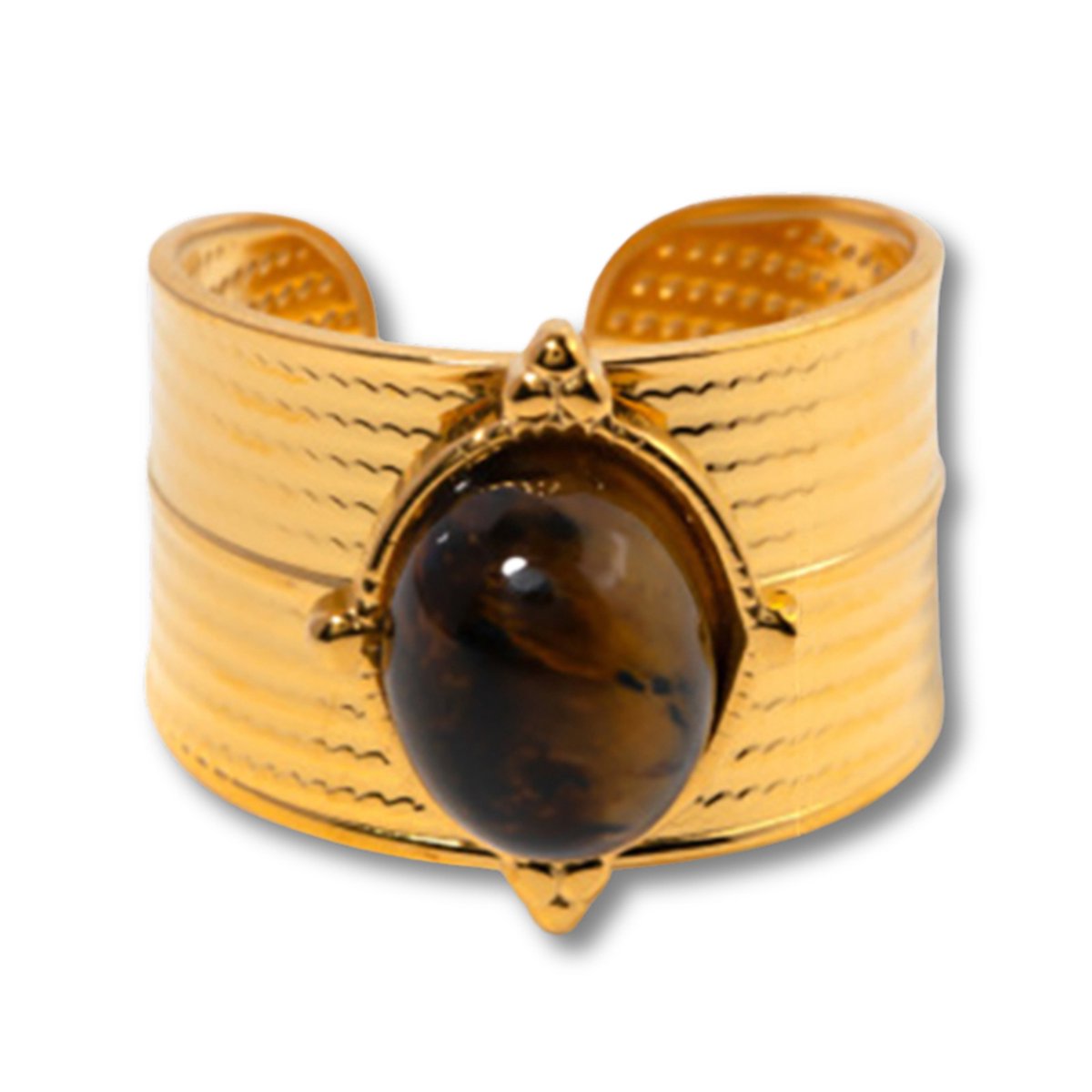 Marama - Ring Hanna goud - stainless steel - gold plated - maat 17/18 - verstelbaar - tijgeroog - dames - nikkelvrij - brede damesring