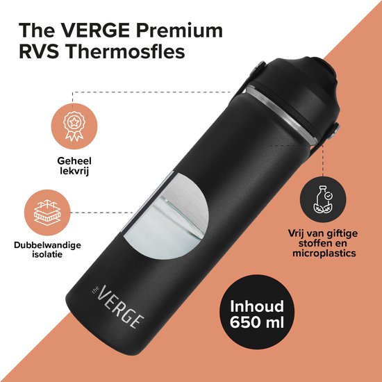 The Verge® - Luxe RVS Drinkfles 650 ML met Rietje voor Volwassenen en Kinderen – Bidon – Thermosfles - 24 uur koud/12 uur warm – Waterfles met Dubbelwandige isolatie - Met 2 Doppen - Zwart
