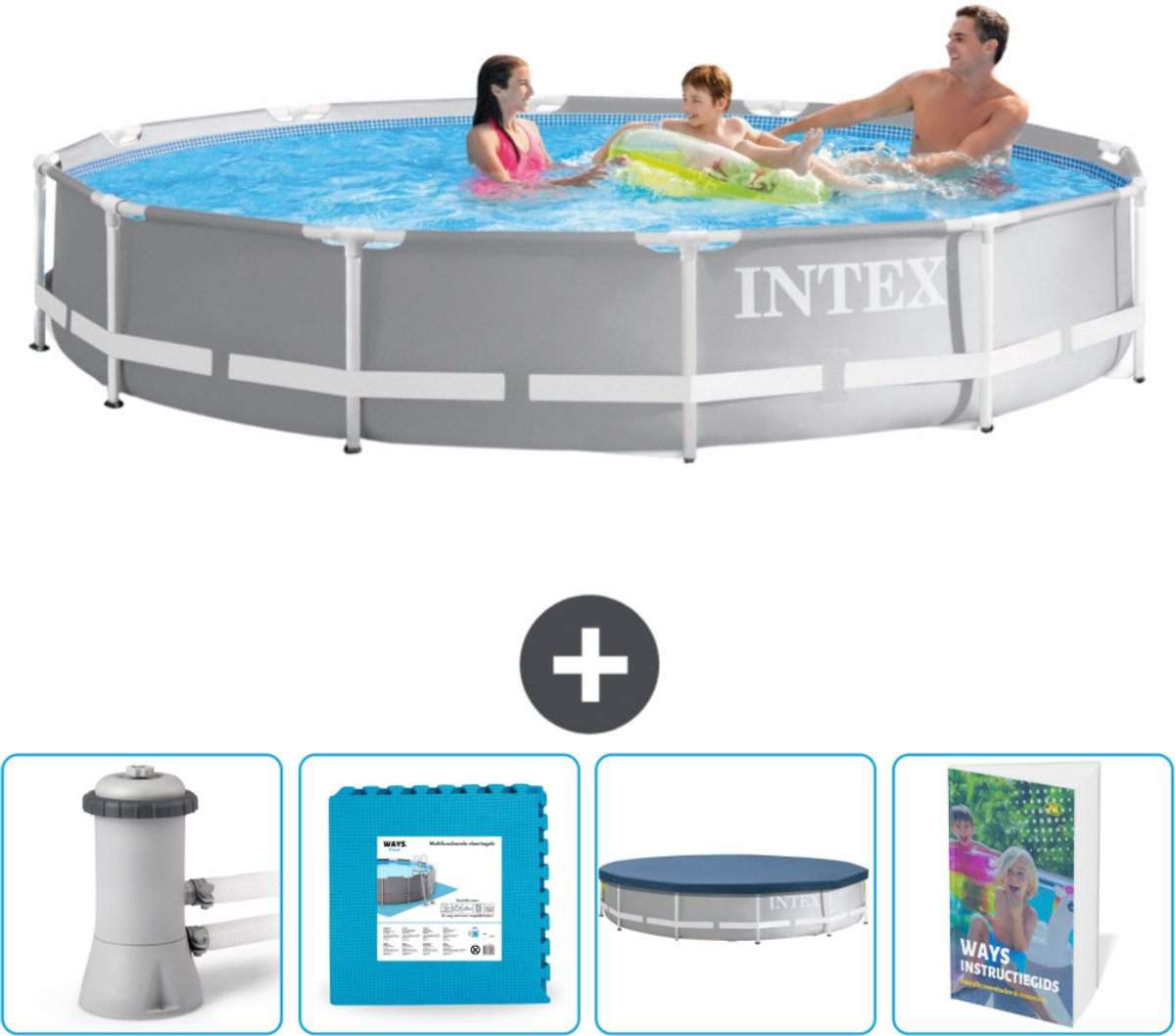 Intex Rond Prism Frame Zwembad - 366 x 76 cm - Grijs - Inclusief Zwembadfilterpomp - Vloertegels - Afdekzeil - Zwembadgids