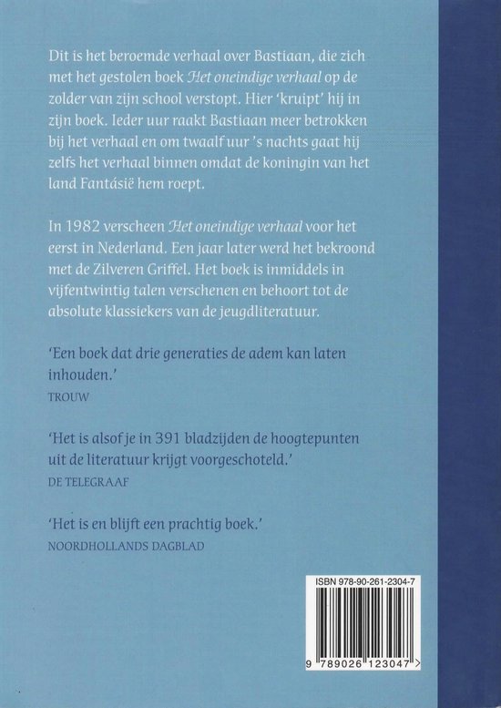 Achterkant van het boek "Het oneindige verhaal" met tekst en ISBN-barcode.