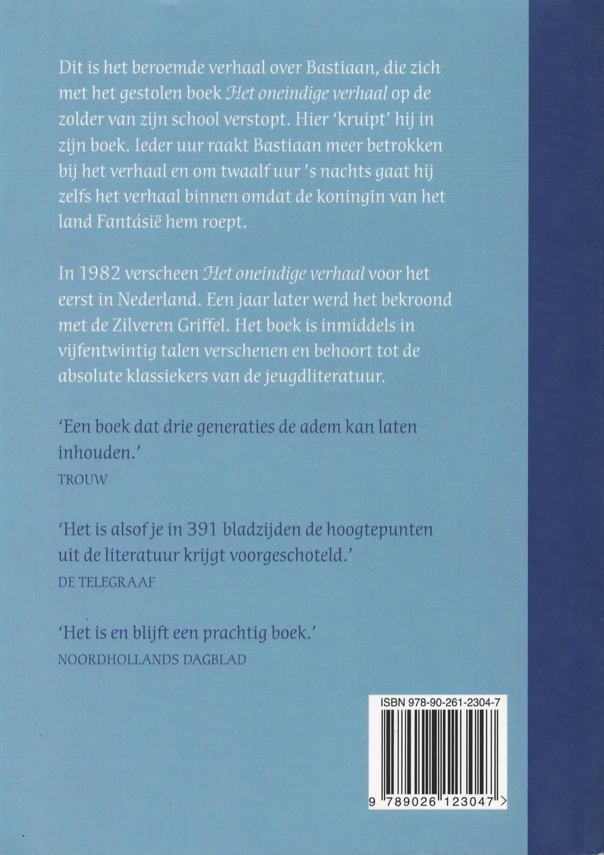 Achterkant van het boek "Het oneindige verhaal" met tekst en ISBN-barcode.