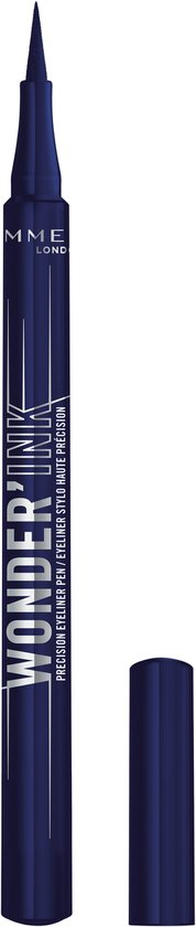 Donkerblauwe Rimmel Wonder Ink eyeliner pen met dop ernaast. "WONDER INK" staat erop.