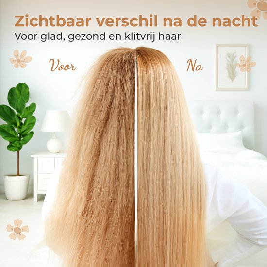 Voor en na foto van blond haar. Voor: pluizig en droog. Na: glad en glanzend. "Zichtbaar verschil na de nacht" is zichtbaar.