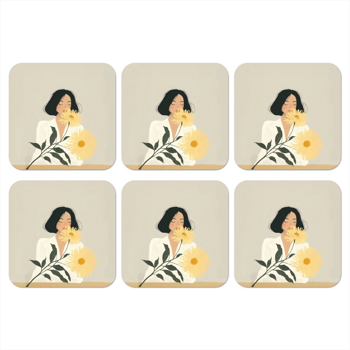 Onderzetters voor glazen - Vrouw - Bloem - Geel - Minimalistisch - 10x10 cm - Glasonderzetters - 6 stuks