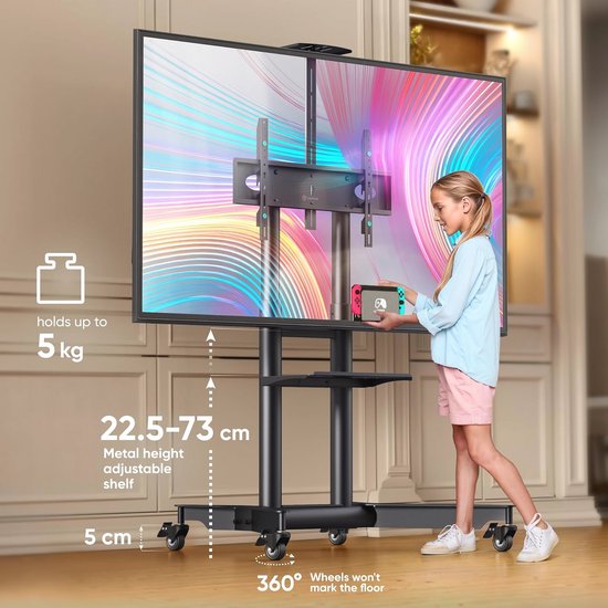 Mobiele TV Standaard op Wielen voor 32-75 Inch - Verstelbare Vloerstandaard tot 60 kg met Hoogte Verstelling en VESA Beugel van Merkloos — afbeelding 5