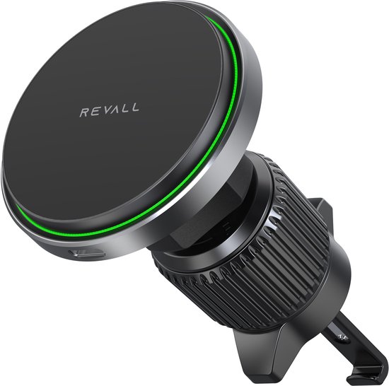 REVALL® Telefoonhouders Auto QI Draadloze Oplader - Geschikt voor Magsafe Autohouder - 15W Wireless Charger - GSM Houder Auto - Ventilatierooster - Space Grey