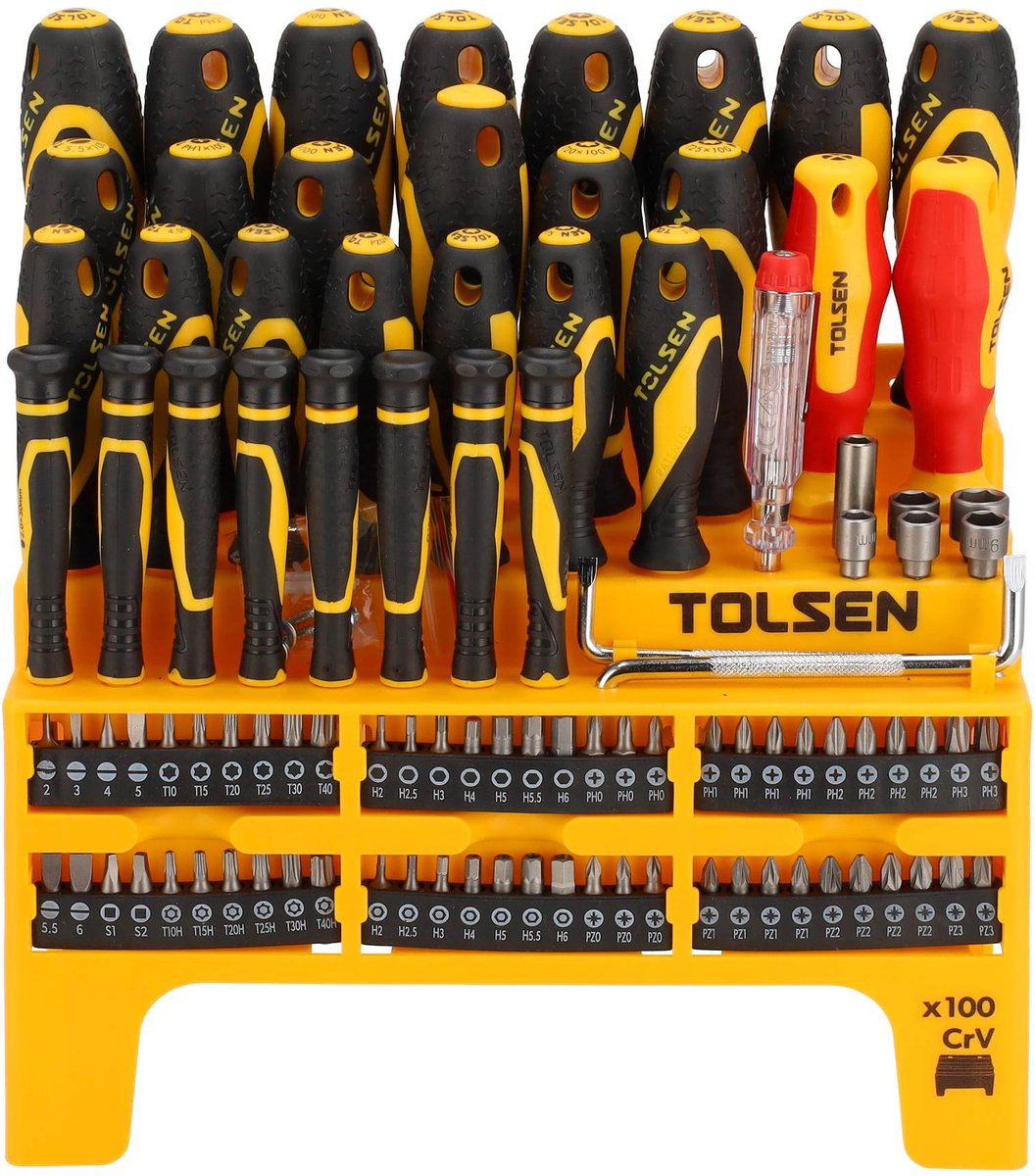Tolsen Gereedschapset 100-delig - Schroevendraaierset Magnetisch - 28x Schroevendraaiers - 2x VDE schroevendraaiers - 1x Ratelschroevendraaier - 60x Bits - Spanningsmeter - 5x Magnetische Moerdoppen - 1 Cr-V adapter 60 mm