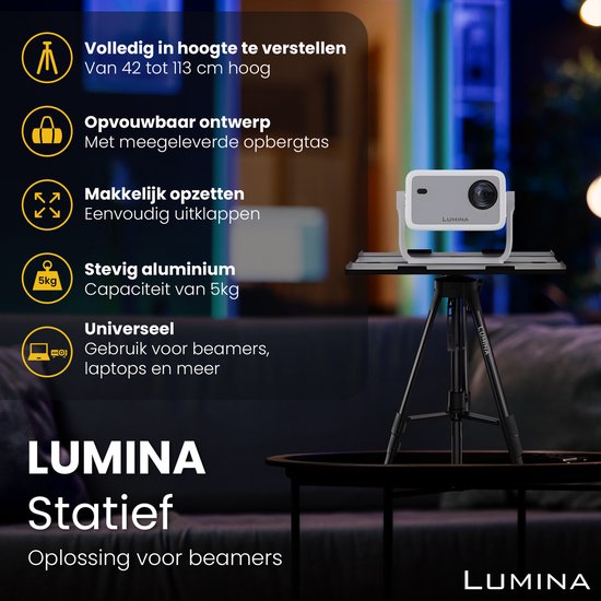 Lumina statief: verstelbaar, opvouwbaar, lichtgewicht, stevig aluminium, 5kg capaciteit.