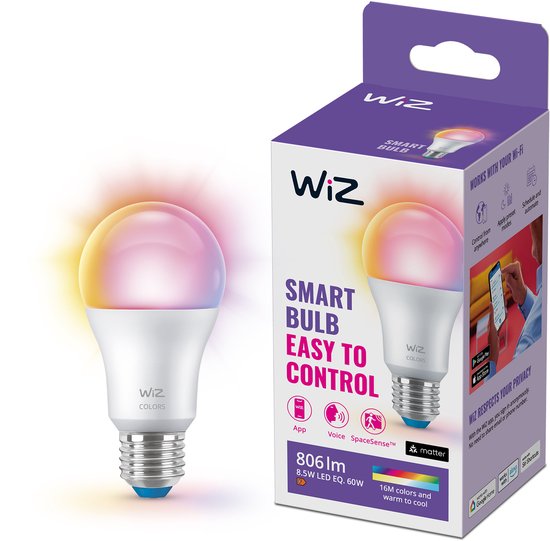 WiZ Lamp Slimme LED Verlichting E27 Lichtbron - Gekleurd en Wit Licht - 60W - Mat - WiFi