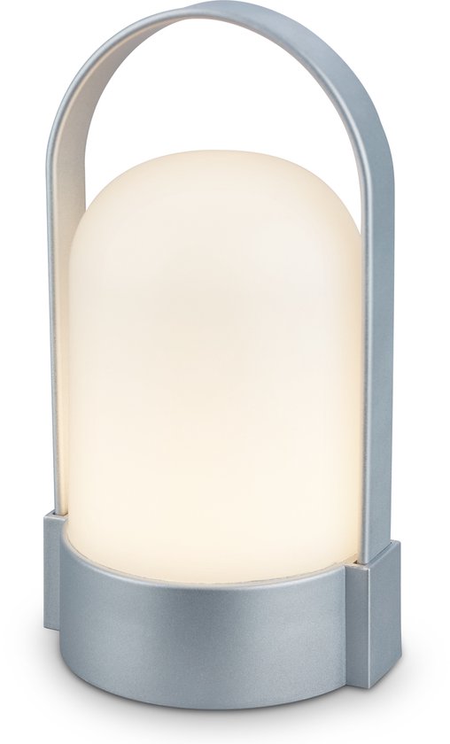 Lampe portable chromée mate, allumée, avec poignée.