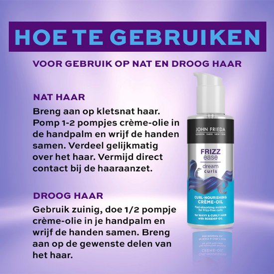 Flacon de crème-huile John Frieda Frizz Ease Dream Curls sur fond violet, avec instructions "COMMENT UTILISER" pour cheveux mouillés et secs.