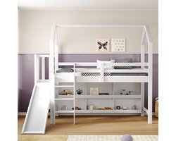 Sweiko Kinderbed, Eenpersoonsbed, 90x00cm, met Schuiftrap Kastrek, Huisstijl, Multifunctioneel bed, geen matras, massief hout+MDF, Wit