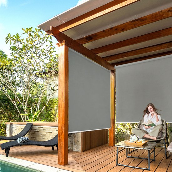 Store enrouleur d'extérieur Aufun, store vertical, rideau de balcon, brise-vue, Protection solaire, rideau occultant, Protection UV, protection contre le vent (140 x 140 cm, Grijs)