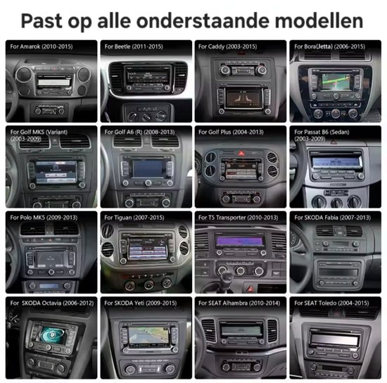 Overzicht van dashboards van diverse Volkswagen en Skoda modellen met ingebouwde autoradio's.