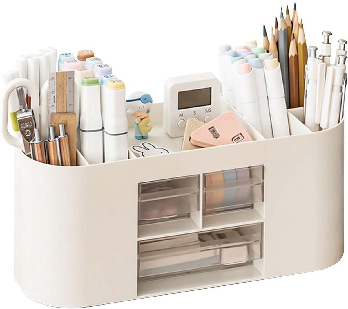 Famanu - Pennenhouder, opbergdoos, bureau-organizer, 10 vakken, grote capaciteit, dubbellaagse transparante lade, kan potloden, kleurpotloden, verschillende schrijfwaren bevatten, wit