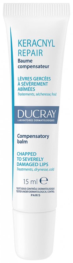 Tube blanc avec inscriptions bleues. Baume compensateur Ducray Keracnyl Repair 15 ml.