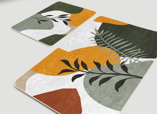 De Groen Home Badmat antislip 2 stuk set - 60x100 & 50x60 - FLORA COLLECTIE - Wc mat - Toiletmat - Douchemat - Bladeren - Badkamermat voor badkamer