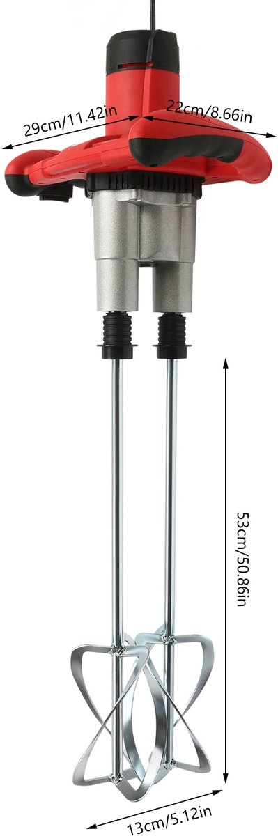 Elektrische Betonmixer - Handmatige - Mix - Whisk voor Glue - Thin Plaster - Paint - Mixing rod - 6 Snelheden - 2800 W - 2-versnelling - Rood