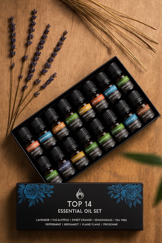 Zwart doosje met 14 flesjes etherische olie in een rasterpatroon, naast lavendel en gouden grassprieten. De doos toont 'Top 14 Essential Oil Set'.