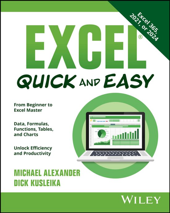 Boekhoes van 'Excel Quick and Easy' met een laptop die Excel-bladen toont, groen met witte letters.