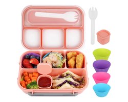 Lunchbox - 4-vaks ontwerp - Voedsel scheiding - Inclusief sauscontainer - Met bestek en voedselprikkers - Schoollunch - Kinderen - roze- 21x16x5,8 cm - 1 stuk