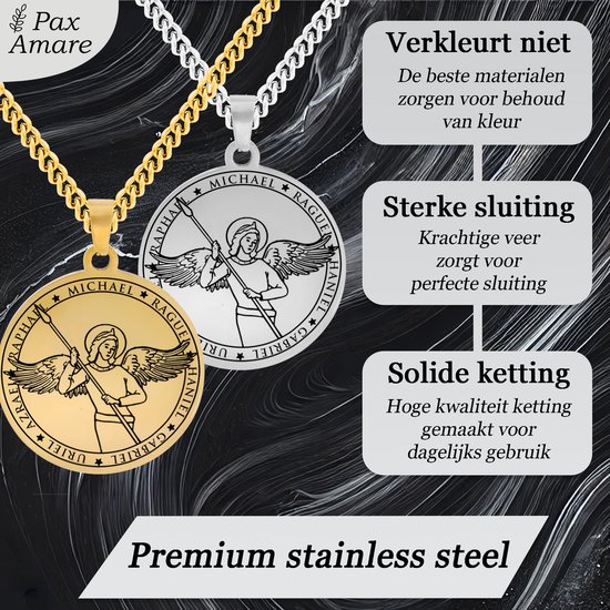 Gouden en zilverkleurige kettingen met ronde engel hanger. Beschermengel Michaël.