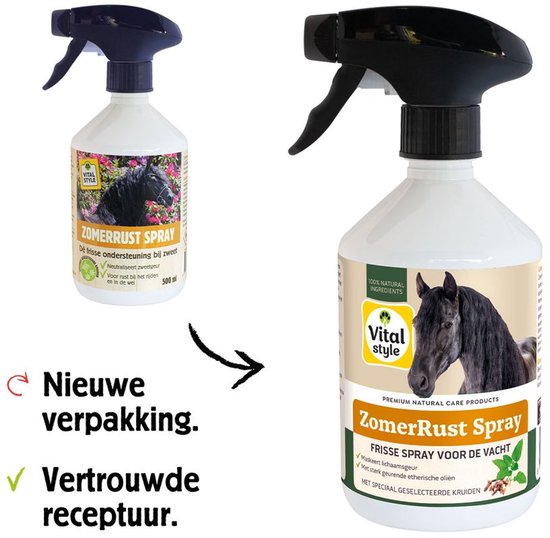 Verpakking van ZomerRust Spray met zwarte paardenkop, met de tekst "Nieuwe verpakking. Vertrouwde rezeptuur."