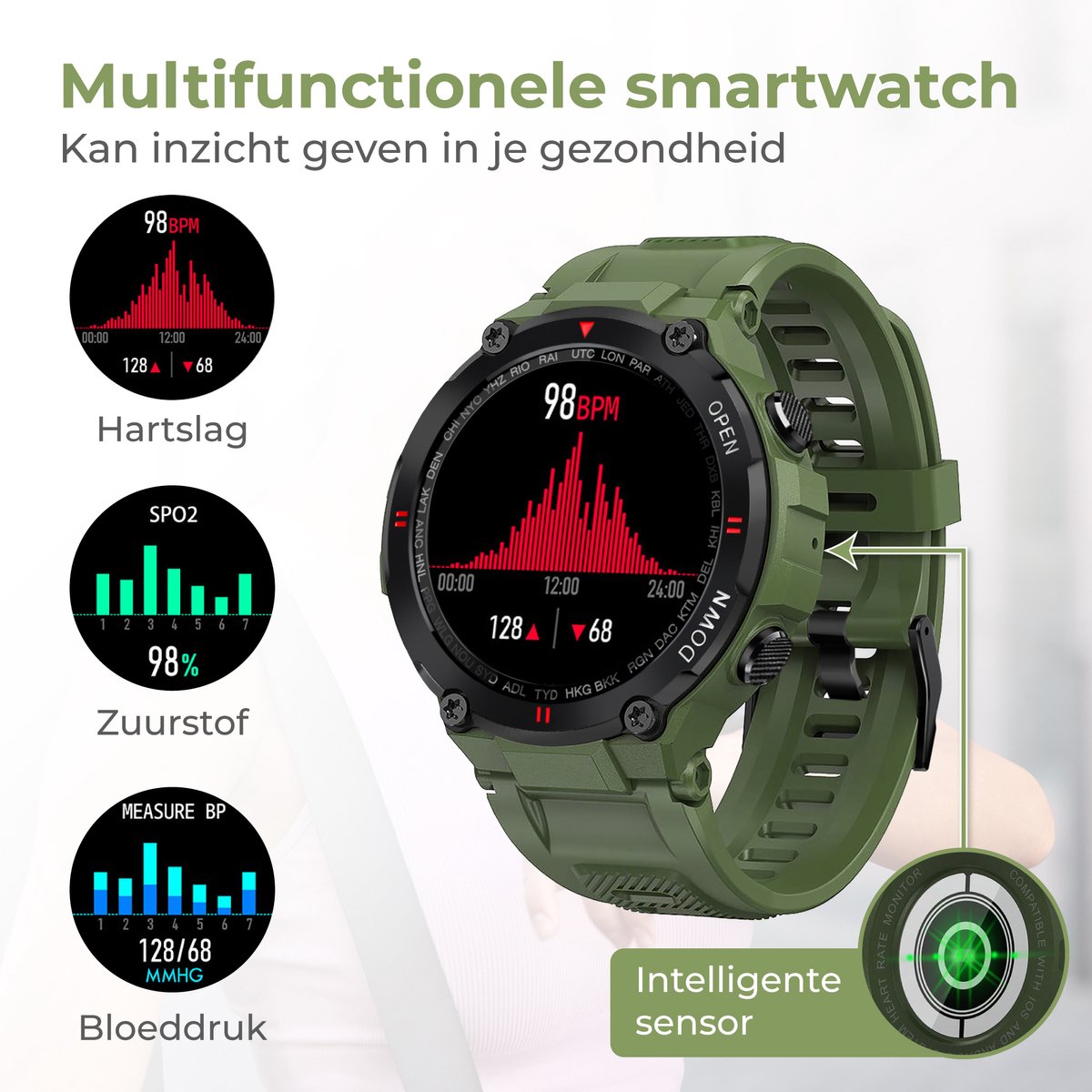 Afbeelding 2 van Nuvance Outdoor Smartwatch - 45 mm - IP67 Waterdicht - Bluetooth Smartwatch voor Dames en Heren - Smartwatches - Groen