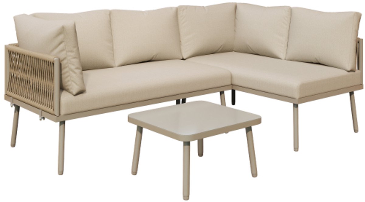 Tuin loungeset van ijzer en touw in khaki, 2 banken en 1 tafel