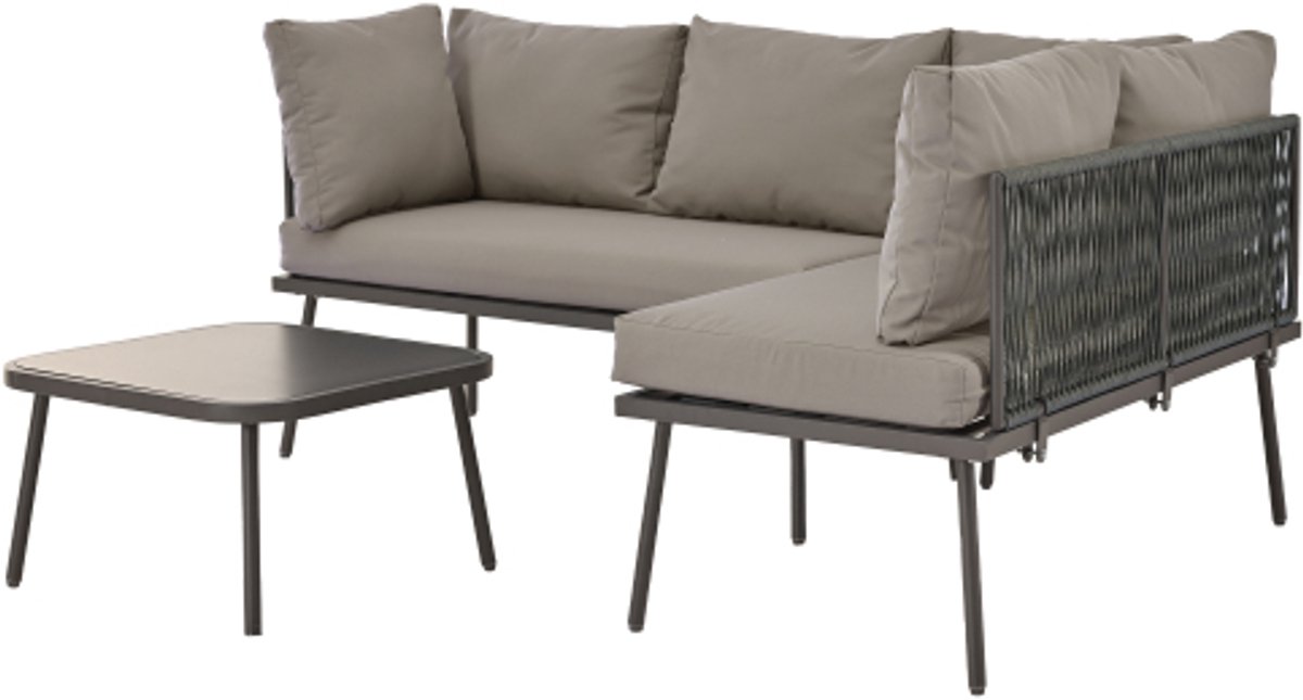Gotagee Tuin loungeset van ijzer, tuinmeubelset van touw, L-vormige tuinmeubelset, loungeset met zitkussens, verstelbare poten, 2 banken en 1 tafel, grijs