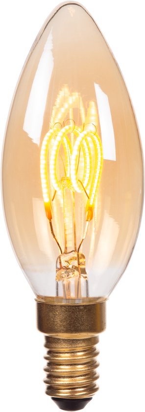 Une ampoule bougie ambrée avec filament LED doré en spirale et culot E14.