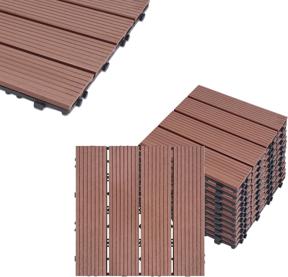 Aufun Terrastegels - 11 stuks voor 1 m² - WPC 30 x 30 cm - houtlook - balkontegel - tuinkliktegel - bruin met drainage - bruinrood