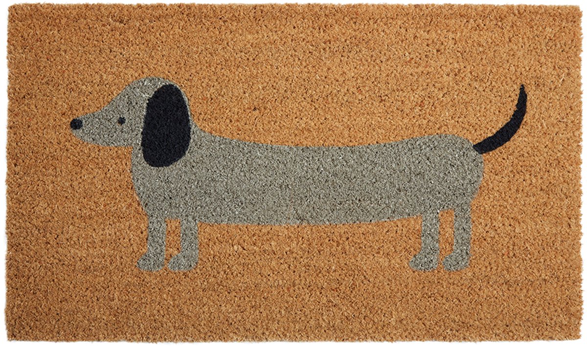 Teckel - Deurmat - Kokosvezel mat - Kokosmat - Hond - Bruin - Bruine deurmat - Grijze teckel - 62x42cm